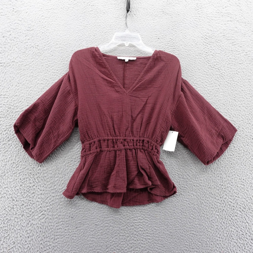 Joes Jeans‎ Burgundy Gauze Peplum Top Womens XS V Neck Elastic Waist NEW